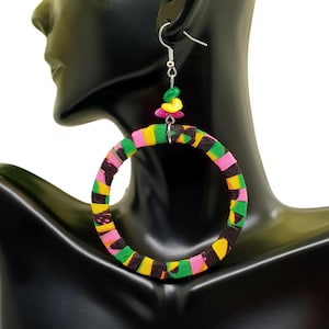 Colorful African Drop Hoops\ Accessorized Ankara Hoops\ 3.5 Inches African Fabric Earrings