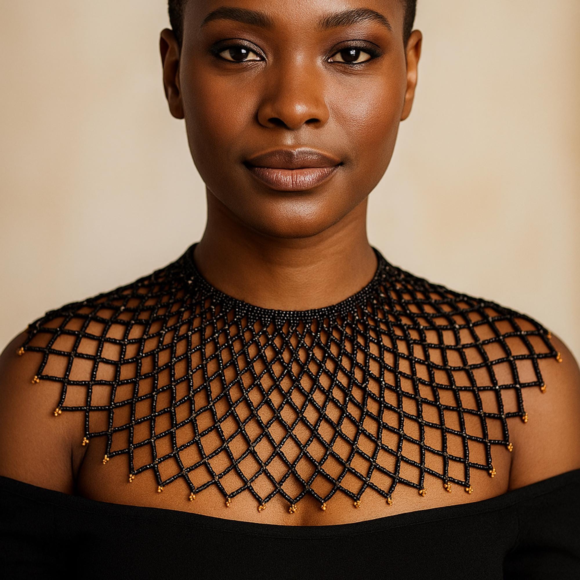 Zulu Taupe Beaded Collar Necklace | Elegant Beaded Choker | Gold And Black Hand Beaded Necklace | African Beaded Festival & Bridal Necklace