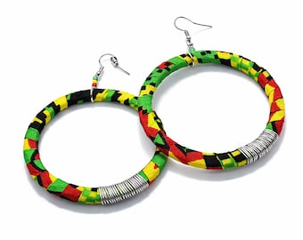 Ankara Hoop Earrings\ African Fabric Hoop Earrings\ Green, Yellow, Red, Black Hoop Earrings\ Statement African Earrings\ Vibrant  Earrings