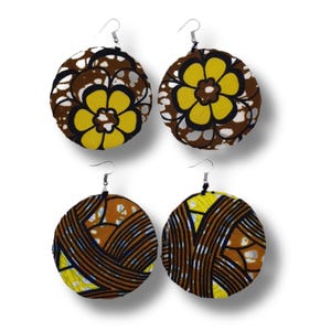 Green & Brown African Earrings\ Ankara Round Drop Earrings\ African Print Fabric Earrings\ Floral Print Earring\ Women Earrings