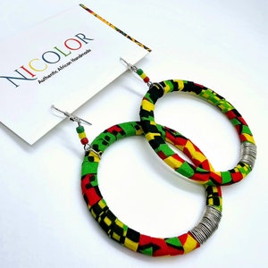 Orecchini a cerchio Ankara\Orecchini a cerchio in tessuto africano\Orecchini a cerchio verdi, gialli, rossi, neri\Orecchini africani vistosi\Orecchini vivaci
