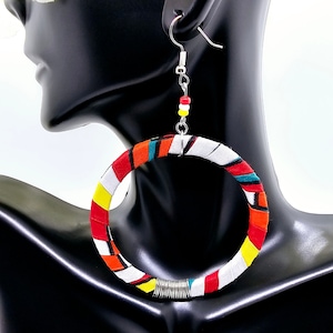 Ankara Hoop Earrings\ African Fabric Hoop Earrings\ Red, Yellow, White Hoop Earrings\ Statement African Earrings\ Vibrant  Earrings