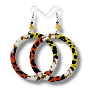Ankara Hoop Earrings\ African Fabric Hoop Earrings\ Orange, Yellow, White Hoop Earrings\ Statement African Earrings\ Vibrant  Earrings