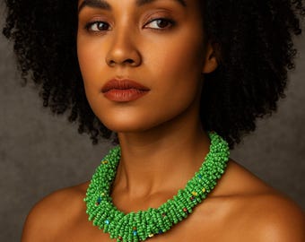 Loop Glass Seed Beads Statement Jewelry | Bold Beaded Cascade Necklace | Chunky Vintage Beads Design| Elegant Handmade Maasai Beadwork