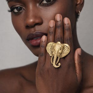Elephant Head Statement Ring | Adjustable Brass Ring | Gold Elephant Jewelry | African Inspired Gift | Matching Set Available