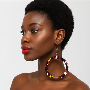 Ankara Hoop Earrings\ African Fabric Hoop Earrings\ Yellow, Red, Black Hoop Earrings\ Statement African Earrings\ Samakaka Print Earrings