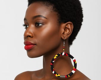 Ankara Hoop Earrings\ African Fabric Hoop Earrings\ Yellow, Red, Black Hoop Earrings\ Statement African Earrings\ Samakaka Print Earrings