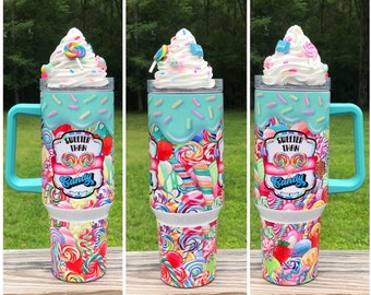 40 oz Handle Dupe Sweeter Than Candy with Green Icing Drip Sublimated Tumbler with Optional 3D Whipped Cream and Candy Topper