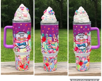 40 oz Handle Dupe Sweeter Than Candy with Purple Icing Drip Sublimated Tumbler with Optional 3D Whipped Cream and Candy Topper
