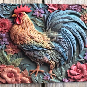 May include: A colorful, three-dimensional rooster sculpture with a detailed, carved design. The rooster is surrounded by flowers in shades of pink, purple, and green.