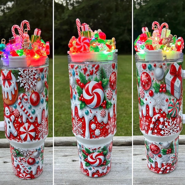 Christmas Candy 40 oz Handled Tumbler with Optional Light up 3D Topper