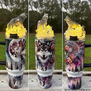 Wolf with Dreamcatcher, Feathers and Moon 40 oz handled Sublimated Tumbler with Optional Light Up 3D Topper
