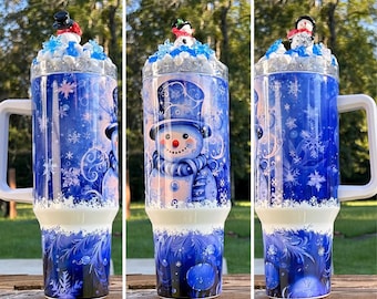 Blue Snowman Christmas 40 oz Handled Tumbler with Optional 3D Topper