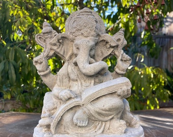 Ganesha Statue with the Mahabharata / concrete natural, Spiritual Yoga Meditation Zen