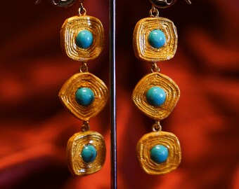 Boucles d'oreilles et bracelet "Tiziana" en or avec perle turquoise, peints à la main, bijoux italiens légers, élégants, uniques et originaux en cadeau