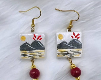 Earrings "Vesuvius of Naples" stylized in graphite, hand-painted Italian jewels, light, elegant, unique, original as a gift