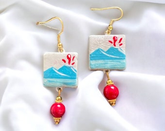 Earrings "Vesuvius of Naples" stylized in light blue, hand-painted Italian jewels, light, elegant, unique, original as a gift