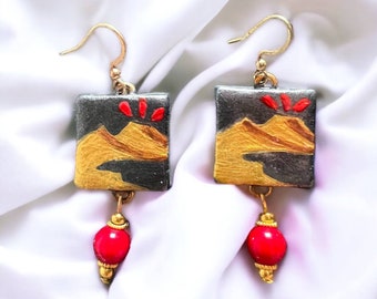 Earrings "Vesuvius of Naples" stylized in gold and graphite, hand-painted Italian jewels, light, elegant, unique, original as a gift