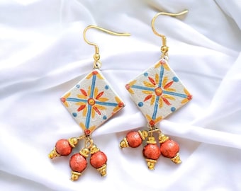 Boucles d'oreilles Pompéi, peintes à la main, légères, élégantes, uniques, bijoux italiens originaux en cadeau