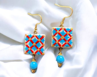Majolica earrings with red flower and blue flower, hand-painted Italian jewels, light, elegant, unique, original as a gift