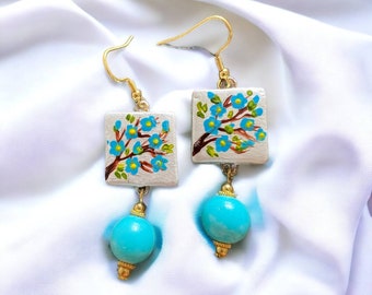 Earrings "Alberi in fiore", light blue on a white background, hand-painted Italian jewels, light, elegant, unique, original as a gift