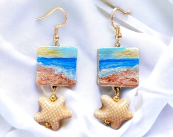 Boucles d'oreilles "plage avec étoiles de mer", bijoux italiens peints à la main, légers, élégants, uniques, originaux en cadeau