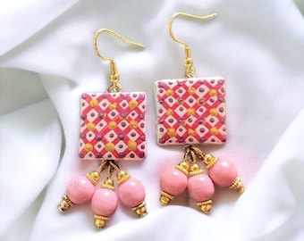 Majolica earrings in pink, purple, white and gold, hand painted, light, elegant, unique, original Italian jewels as a gift