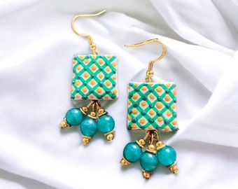 Majolica earrings in green, white and gold, hand painted Italian jewels, light, elegant, unique, original as a gift