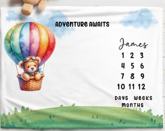 Personalized teddy bear milestone blanket, Custom baby monthly blanket with name, Baby Growth blanket, Babyshower gift, First year keepsake