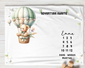 Boho Chic Personalized Baby Girl Milestone Blanket, Custom Name Monthly Tracker Blanket, Hot Air Balloon Bear Theme Baby shower Newborn gift