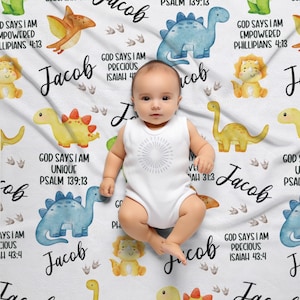 God Says I AM Dinosaur Blanket, Bible Verse Baby Blanket, Personalized Scripture blanket with name, Religious Baby Gift, Baby Shower Gift