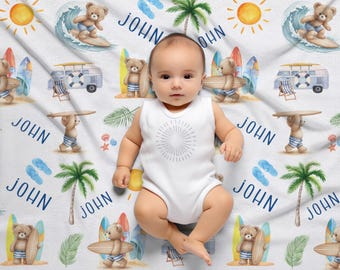 Personalized surfing theme blanket, surfer baby blanket, Surfing blanket, Ocean Wave Name Baby Blanket, Newborn Baby Gift, Baby Shower Gift