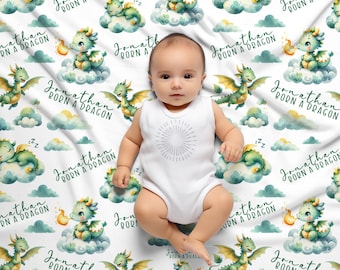 Personalized Year of the Dragon Newborn Name Blanket, Custom Cute Baby Dragon Name Blanket, Coming Home Gift, Dragon Theme Baby Shower Gift