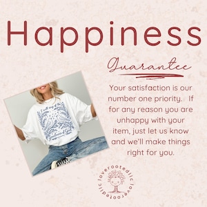 May include: White t-shirt with a blue floral and bird design, the text "I will sing of the goodness of God" is visible. The word "Happiness" is written in a burgundy colour at the top of the image.