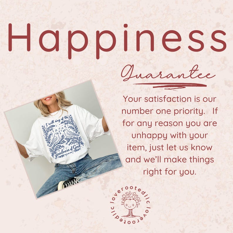May include: White t-shirt with a blue floral and bird design, the text "I will sing of the goodness of God" is visible. The word "Happiness" is written in a burgundy colour at the top of the image.