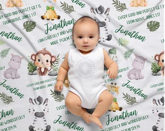 Bible Verse Baby Blanket, Personalized Safari Baby blanket with name, Custom Name Scripture Blanket, Religious Baby Gift, Baby Shower Gift