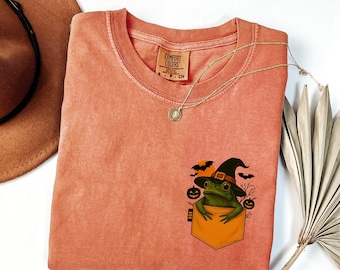 Witch Frog Halloween Shirt, Funny Pocket Frog Tee, Spooky Season Shirt, Retro Halloween, Frog Lover Gift, Cute Fall Comfort Colors Tshirt