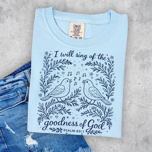 May include: Pale blue t-shirt with a graphic of two singing birds on a branch, framed by floral designs and musical notes. The text reads "I will sing of the goodness of God, Psalm 89:1". The shirt has a Comfort Colors label.