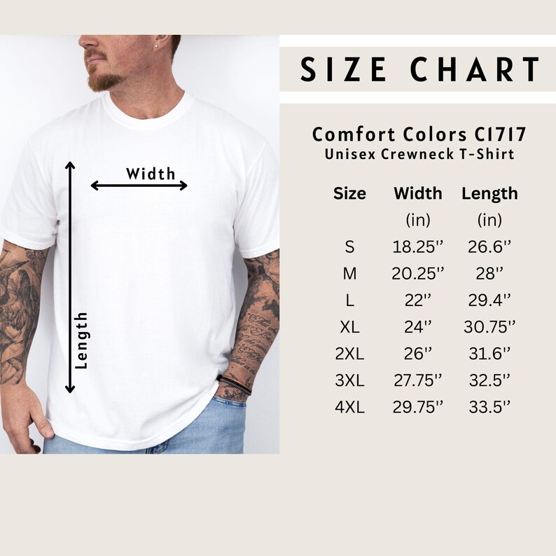 Może przedstawiać: Biała koszulka unisex z okrągłym dekoltem Comfort Colors C1717. Obraz zawiera tabelę rozmiar&oacute;w z wymiarami w centymetrach dla rozmiar&oacute;w od S do 4XL. Tabela pokazuje szerokość i długość koszul.