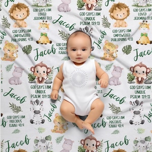 God Says I AM Safari Blanket, Bible Verse Baby Blanket, Personalized Scripture blanket with name, Religious Baby Gift, Baby Shower Gift