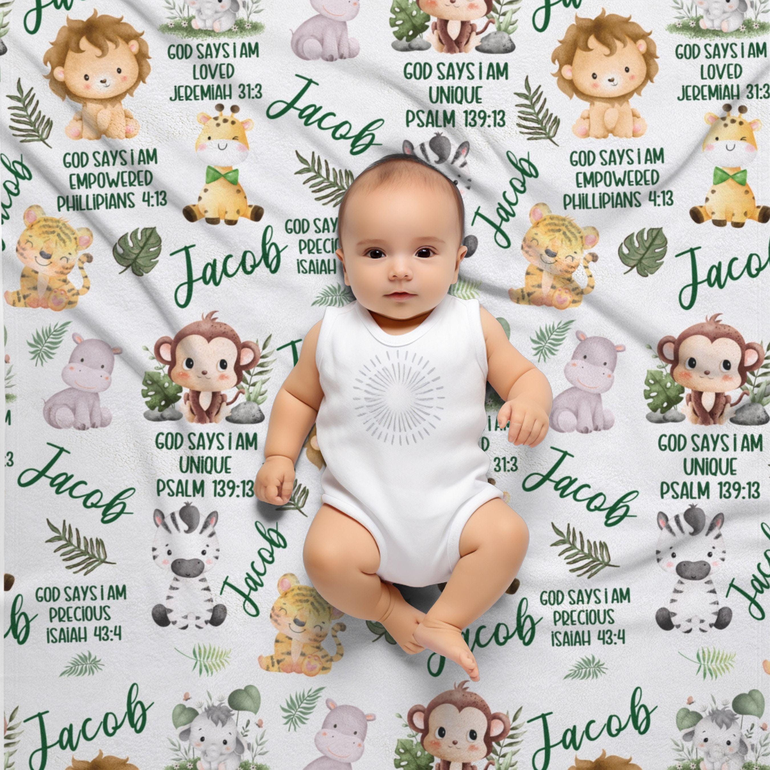 God Says I AM Safari Blanket, Bible Verse Baby Blanket, Personalized Scripture blanket with name, Religious Baby Gift, Baby Shower Gift