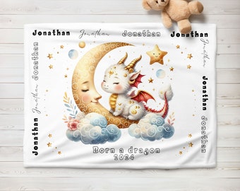 Personalized Year of the Dragon Newborn Name Blanket, Custom Cute Baby Dragon Name Blanket, Coming Home Gift, Dragon Theme Baby Shower Gift