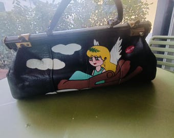Bolso vintage negro, bolso de médico. pintado a mano