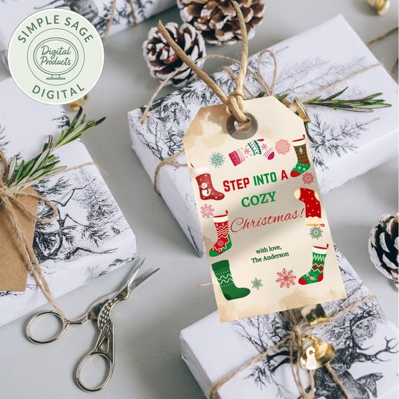 Editable Christmas Gift Tag Template, Cozy Socks Design (Digital Download)