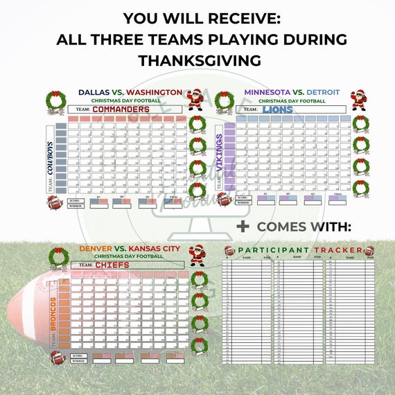 Christmas Football Squares, 100 Square Grid, Tracker (PDF Download)