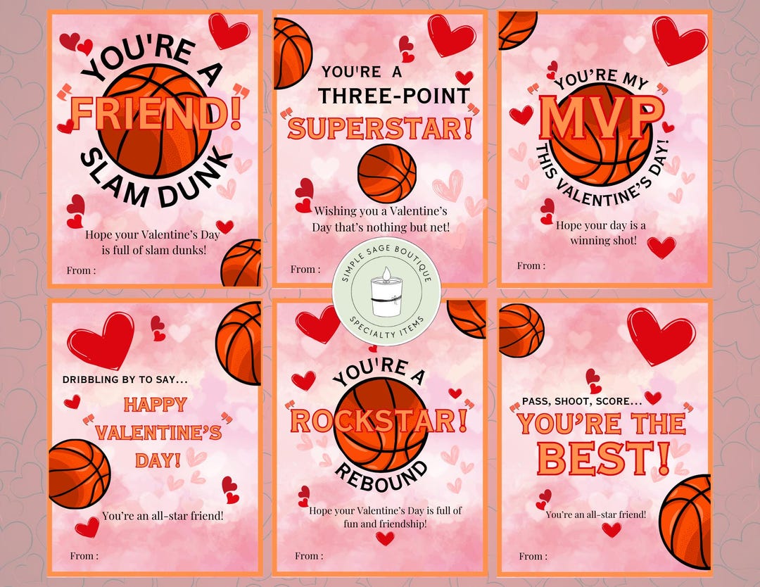Printable Basketball Valentine Cards, Kids Classroom Valentines