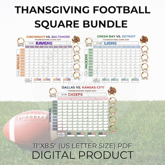 Thanksgiving Football Squares Game Bundle of 3: 100 square football pool (Instant Download, PDF)