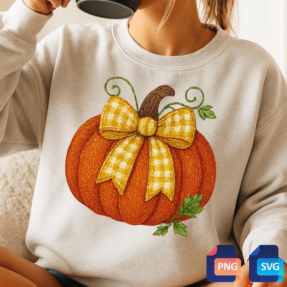 Pumpkin Gingham Bow Embroidery Design: Rustic Fall Appliqué (Digital Download)