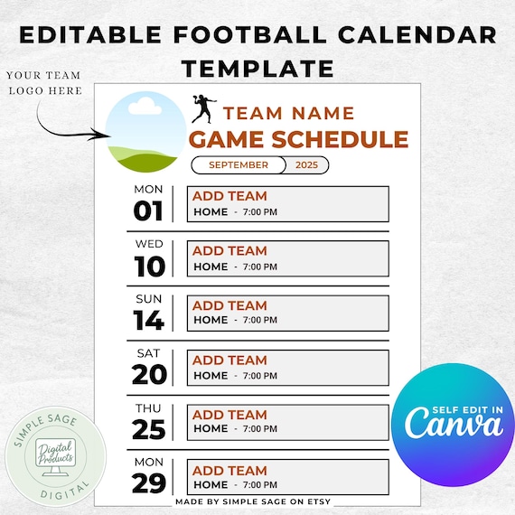 Editable Football Schedule Template: Canva Sports Planner (Digital Download)