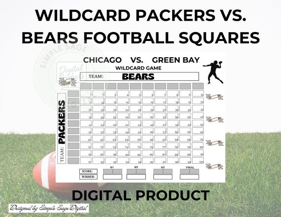 Bears vs. Packers Wildcard Football Squares Game in Black and White: 100 Square Grid, (PDF)